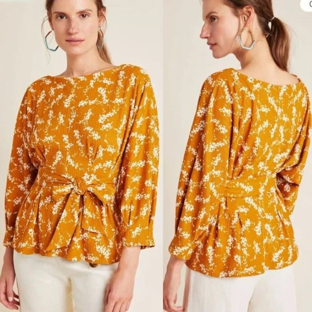 Anthropologie Amber Dolman Sleeve Blouse Top Shirt Boho Floral Yellow Women's L
